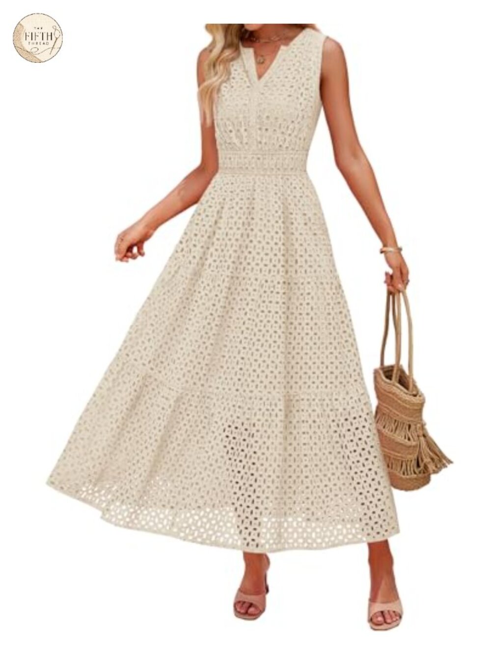 Sleeveless V Neck Eyelet A Line Flowy Maxi Dress